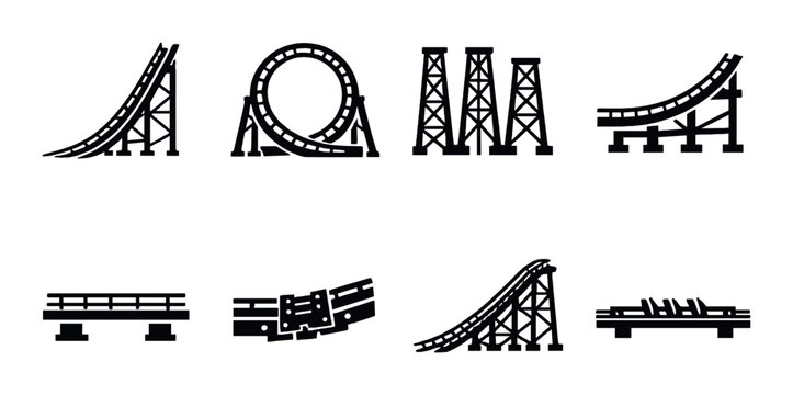 Roller coaster track icons set on dark background