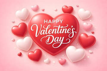 Romantic Valentines Day card design with 3d hearts on soft pink backdrop