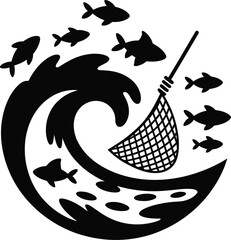 Solid Black Ocean Wave with Plastic Cleanup Net and Fish Marine Conservation Icon