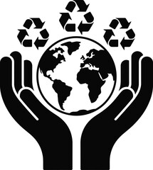 Black Filled Planet Care Silhouette with Human Hands and Recycling Symbols Icon