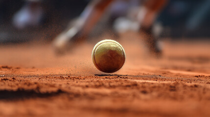 A powerful serve caught in action on a clay court, the ball slightly distorted by speed, dust rising
