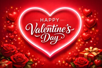 Romantic Valentines Day card design with bright heart frame and red roses
