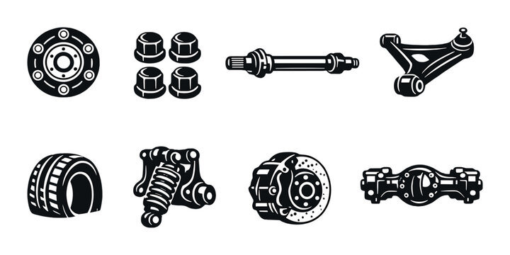 Collection of various monochrome car parts on dark background