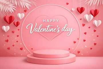 Valentines celebration mockup with tropical leaves hearts and empty pedestal space