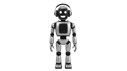 Silver Robot with Headphones and Glowing Eyes