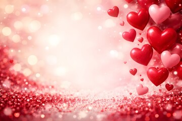 Valentines day abstract glitter backdrop with heart shapes and warm light blur