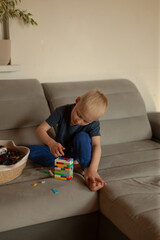 Obraz premium White boy building colorful block tower on sofa, focused hands arranging bricks, woven basket of toys nearby, warm daylight, calm