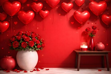 Valentines day celebration backdrop with floral vase candle and red balloons