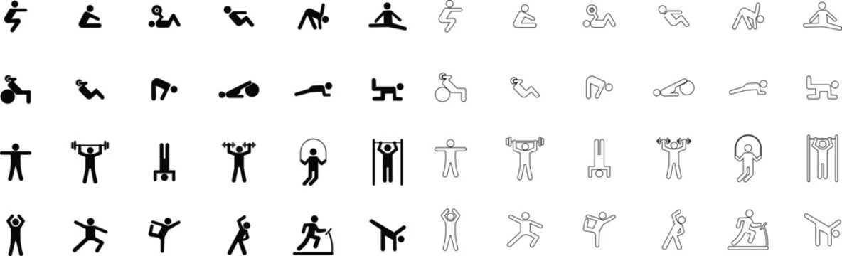 Set of exercise fitness icons, collection of workout training activity symbols, group of flat line vector illustrations, add yoga, cardio, stretching, gym routine, healthy lifestyle, black icon