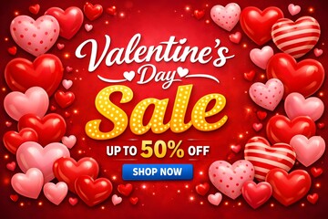 Valentines Day sale banner with red hearts sparkle and shop now button