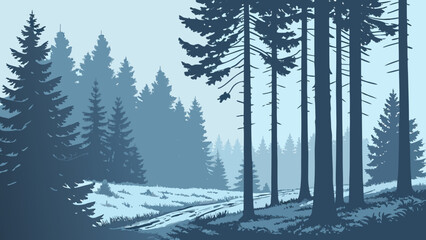 Illustration of a serene forest landscape with tall pine trees on a hillside against a misty background with a monochromatic blue color scheme.