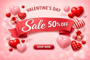 Valentines Day sale fifty percent off banner with hearts gifts and shop now