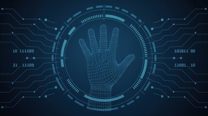 Futuristic handprint biometric scan with binary code background