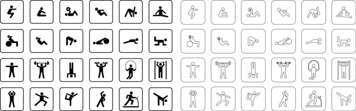 Set of exercise fitness icons, collection of workout training activity symbols, group of flat line vector illustrations, add yoga, cardio, stretching, gym routine, healthy lifestyle, black icon