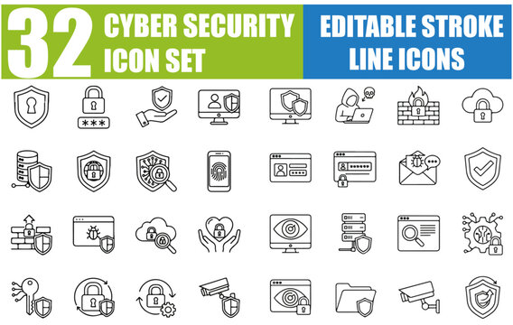 Cyber Security Icon Set - Data Protection, Secured Network, Privacy, Firewall, Encryption, Hacker Shield, Cybersecurity, Antivirus, Virus Protection, Digital Safety and More - Editable Stroke Vector I