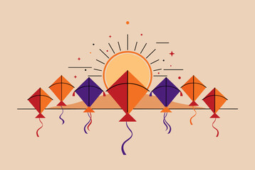 A vibrant illustration of colorful kites flying in a line with a stylized sun in the background, depicting a festive atmosphere.