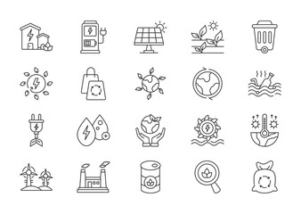 Green energy thin line icon set. Containing green house, ev station, solar panel, planting, recycling, renewable energy. Vector illustration