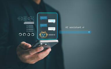Businessman using smartphone with AI assistant chatbot interface. Concept of virtual assistant, voice recognition, smart reply, artificial intelligence, mobile automation, and digital interaction.