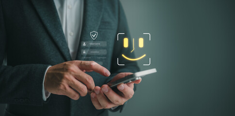 Businessman using smartphone with face recognition and login interface. Concept of biometric authentication, mobile security, passwordless login, user access control, and digital identity.