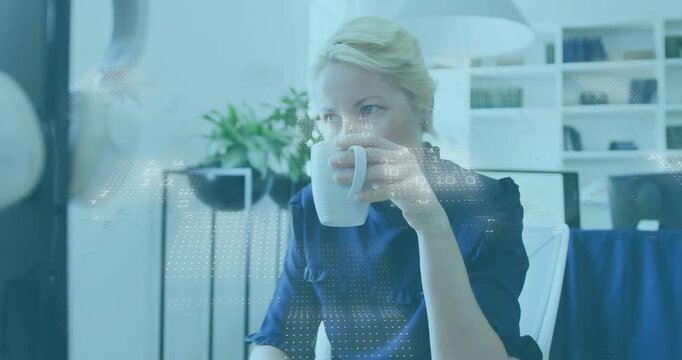 Corporate exec raising mug, sipping coffee causing digital grid overlay guiding desk analysis