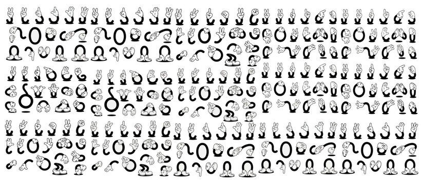 Retro cartoon legs and hands, Hands with gloves and feet with boots, various poses for characters, a set of poses, gestures, placement of hands and feet. Mascot character set. Cartoon set of limbs