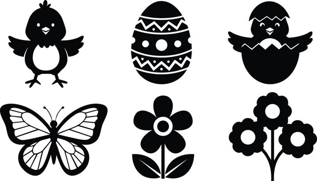 Black silhouette vector icons of easter chick standing and hatching from egg decorated easter egg butterfly flower and flower bouquet symbols in simple flat design style