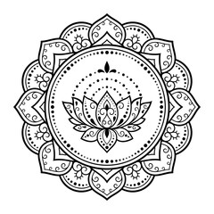 Circular pattern in form of mandala with Lotus flower for Henna, Mehndi, tattoo, decoration. Decorative ornament in ethnic oriental style. Outline doodle hand draw vector illustration.