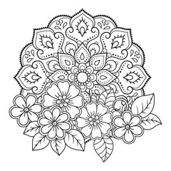 Circular pattern in form of mandala with flower for Henna, Mehndi, tattoo, decoration. Decorative ornament in ethnic oriental style. Outline doodle hand draw vector illustration.