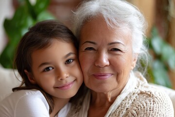 Elderly caucasian woman and young girl embracing with warm smiles at home