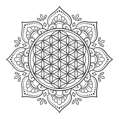 Circular pattern in form of mandala with "Flower of Life" for Henna, Mehndi, tattoo, decoration. Decorative ornament in ethnic oriental style. Outline doodle hand draw vector illustration.