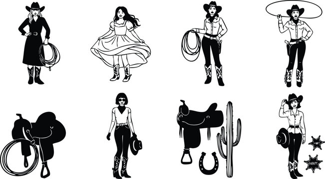 Black and white vector art set featuring cowgirls with hats boots lassos dancing and cowboy accessories including saddle cactus and sheriff badges in western style