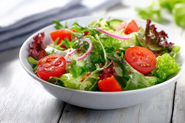 Fresh vegetable salad with cherry tomatoes, red onion, and mixed greens