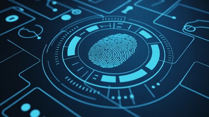 Biometric fingerprint scan on futuristic digital interface board