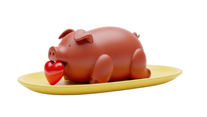 3D Rendered Pig Holding Heart on Yellow Plate