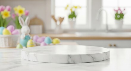 Spring kitchen decor with easter eggs and flowers for seasonal celebration