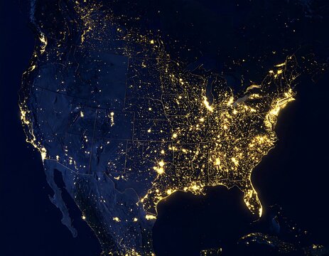 Illuminated map view of North American continent at night