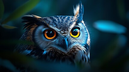 Majestic owl with striking orange eyes.