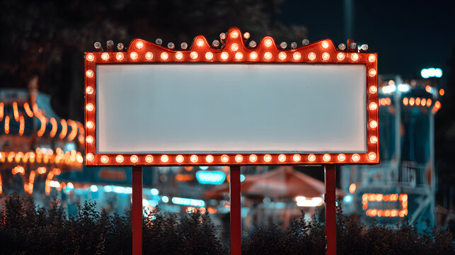 A glowing marquee sign stands against a blurred amusement park backdrop. The marquee's bright lights and vibrant colors create a sense of anticipation and festive atmosphere.