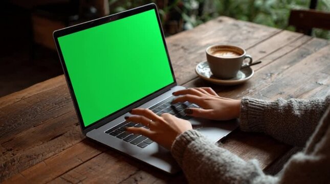 Person's hands typing on a laptop with a green screen, coffee on a table