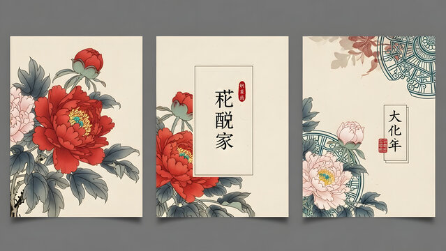 Asian Floral Design Red and Pink Peony Flower Arrangements for Cultural Celebration - Powered by Adobe