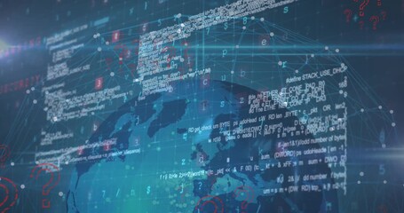 Animation of question marks, data processing and malware text over globe - Powered by Adobe