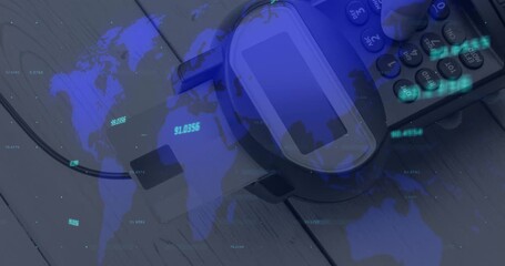 Animation of world map and changing numbers over hand of caucasian man holding payment terminal - Powered by Adobe