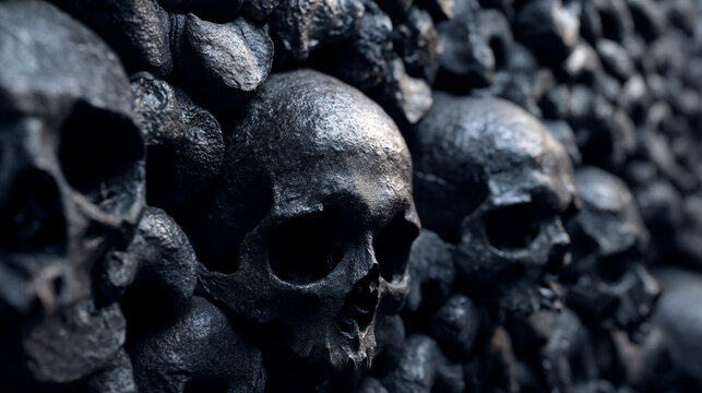 A large pile of black human skulls stacked on top of each other