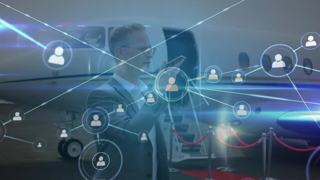 Animation of network of connections over businessmen at the airport