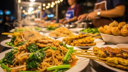 Delicious street food spread at a vibrant night market stall with cooking in background