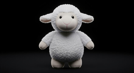 Adorable white fluffy sheep plush toy isolated on black background. Ideal for nursery art, children's products, and toy advertisements.