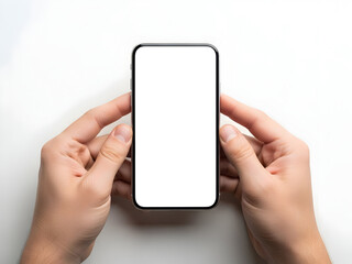 Smartphone mockup with blank screen in hands on white background