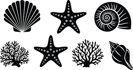 Black silhouette vector art of various sea shells starfish and coral icons arranged on white background illustrating marine life diversity and ocean nature shapes