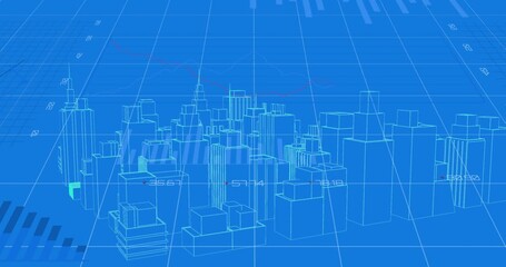 Animation of digital city over data processing on blue background - Powered by Adobe
