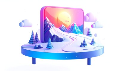 3D-rendered winter landscape scene within a screen-like frame, vibrant colors